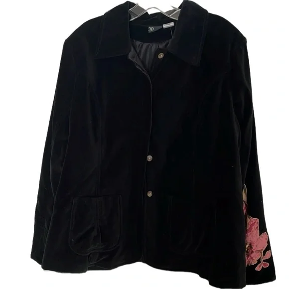 R Black size 14 black Velveteen jacket pink floral appliqué details lined - Picture 1 of 13
